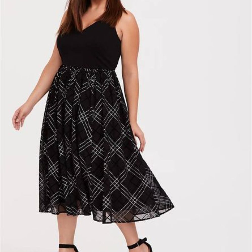 BLACK PONTE & MESH PLAID MIDI DRESS